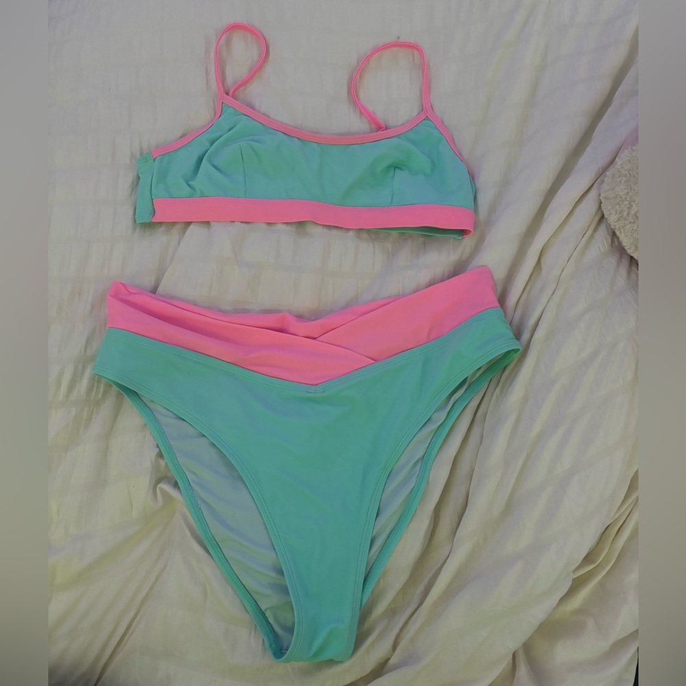 Light Blue and Pink Two-Piece Bikini Swimsuit